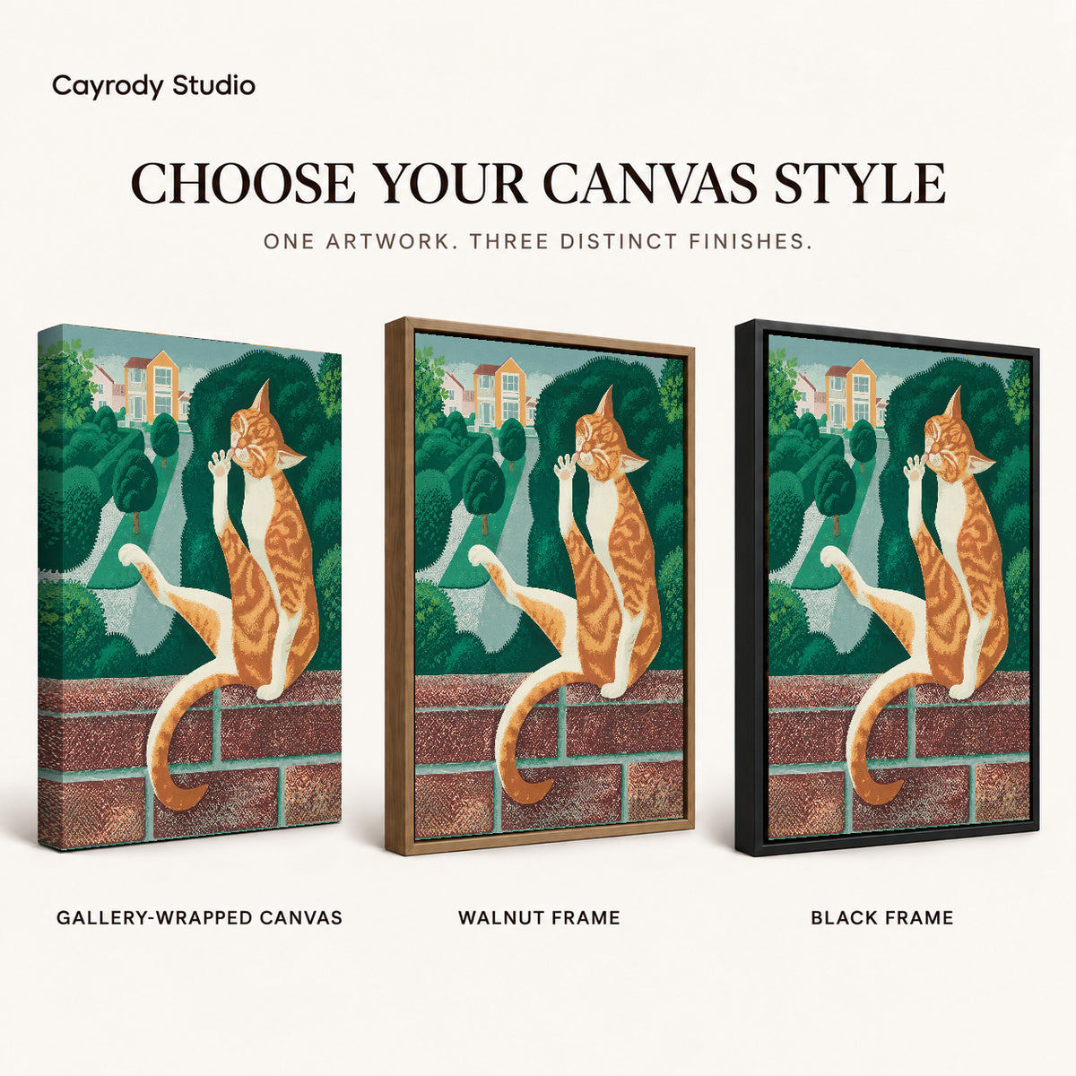 Garden tabby canvas art comparing gallery wrapped canvas, walnut frame, and black frame finishes side by side.