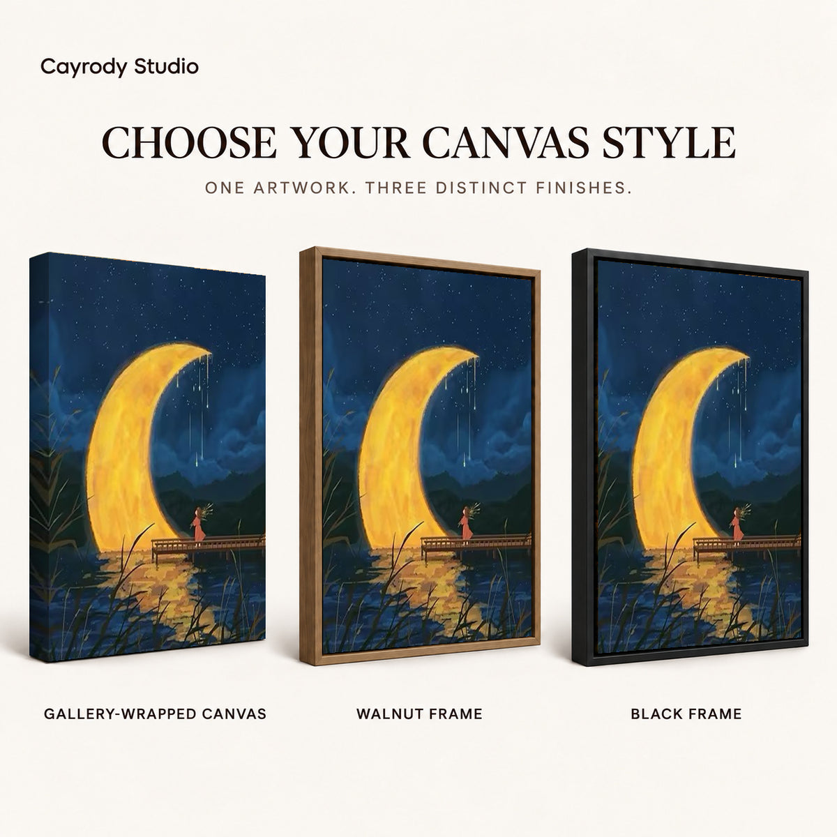 Crescent moon canvas art comparing gallery wrapped canvas, walnut frame, and black frame finishes side by side.