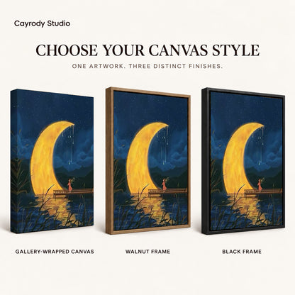 Crescent moon canvas art comparing gallery wrapped canvas, walnut frame, and black frame finishes side by side.