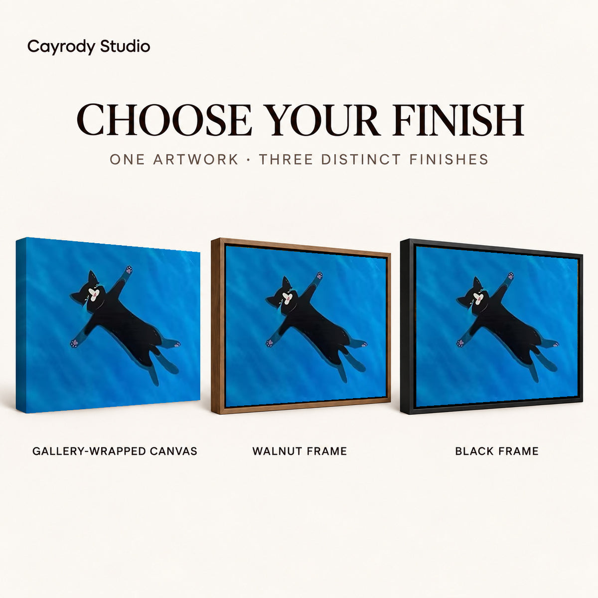 Floating black cat canvas art comparing gallery wrapped canvas, walnut frame, and black frame finishes side by side.