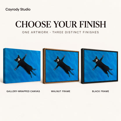 Floating black cat canvas art comparing gallery wrapped canvas, walnut frame, and black frame finishes side by side.