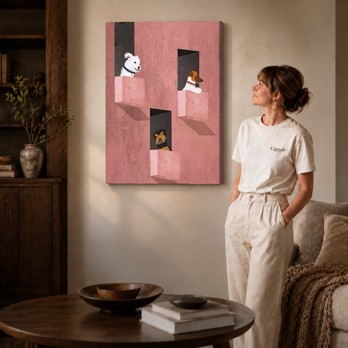 Window dogs canvas art on gallery wrapped canvas with a visible shaded side edge beside a woman.
