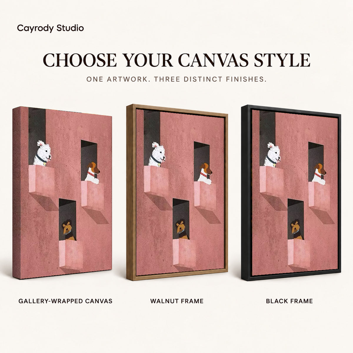 Window dogs canvas art comparing gallery wrapped canvas, walnut frame, and black frame finishes side by side.