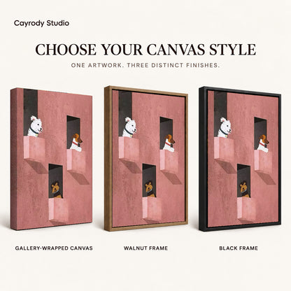 Window dogs canvas art comparing gallery wrapped canvas, walnut frame, and black frame finishes side by side.
