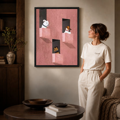 Window dogs canvas art displayed in a black frame beside a woman, with soft room lighting.