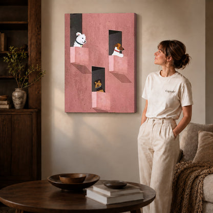 Window dogs canvas art on unframed wrapped canvas, showing natural edge depth against the living room wall.
