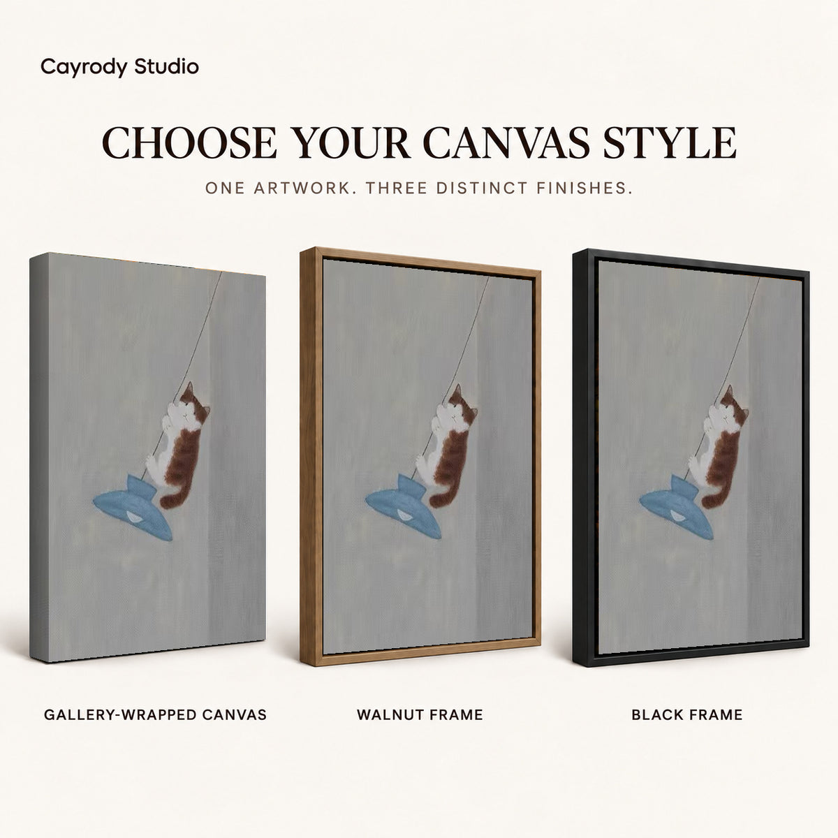 Pendant cat canvas art comparing gallery wrapped canvas, walnut frame, and black frame finishes side by side.