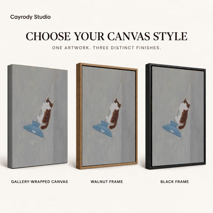 Pendant cat canvas art comparing gallery wrapped canvas, walnut frame, and black frame finishes side by side.