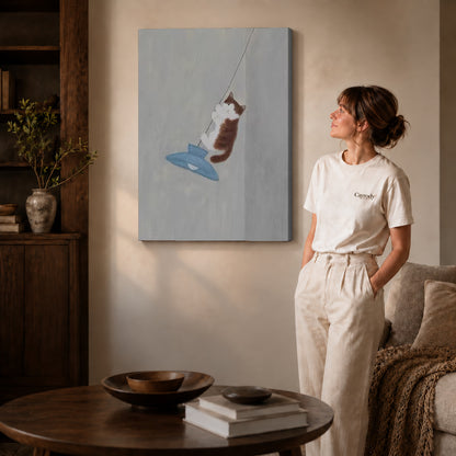 Pendant cat canvas art on unframed wrapped canvas, showing natural edge depth against the living room wall.