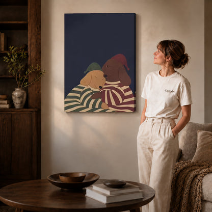 Pajama Dachshunds canvas art displayed as gallery wrapped canvas beside a woman in natural light.