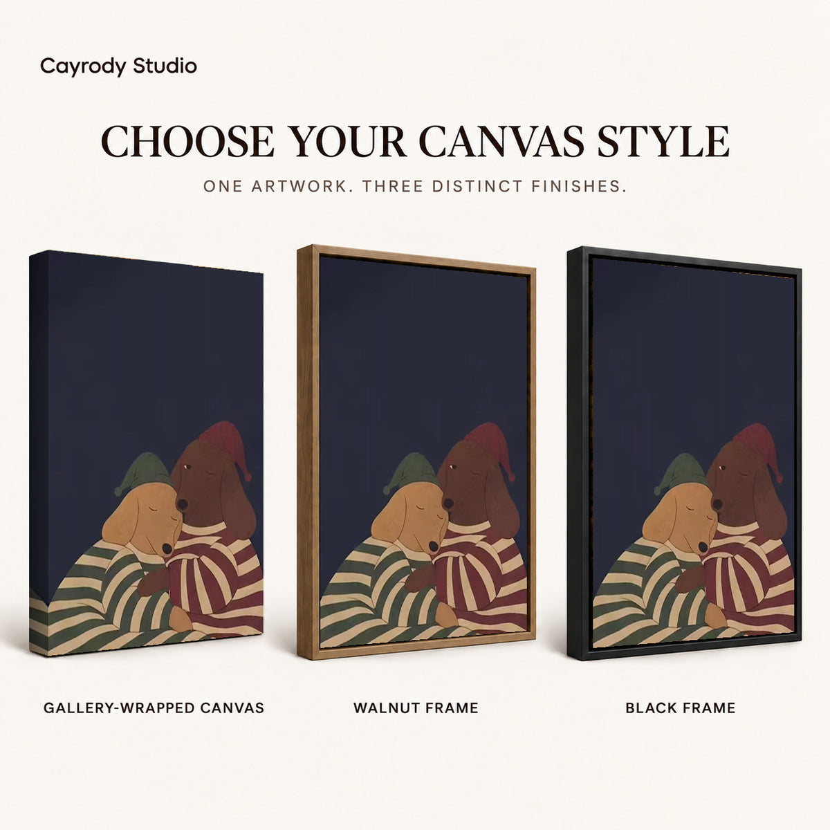 Pajama Dachshunds canvas art comparing gallery wrapped canvas, walnut frame, and black frame finishes.
