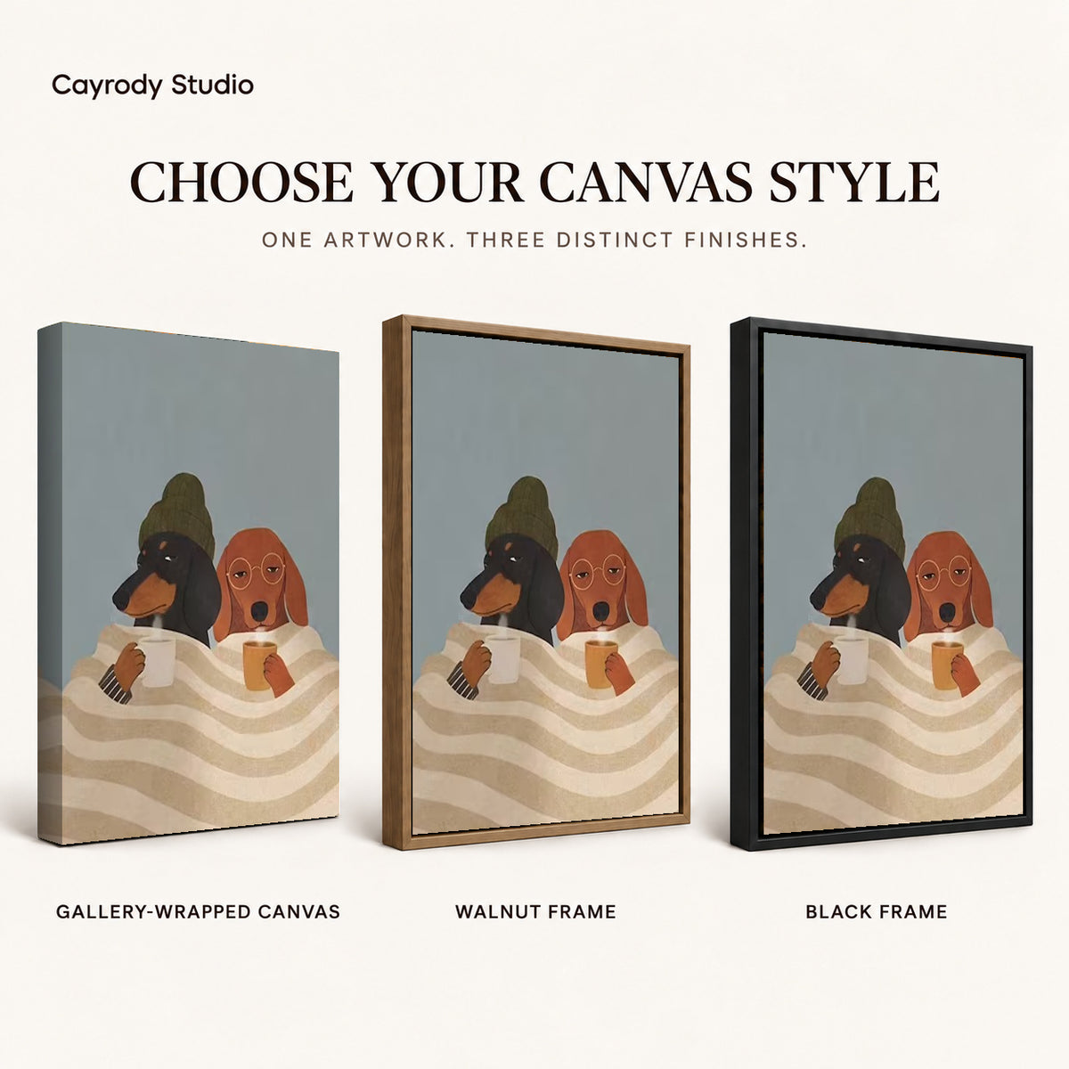 Cozy Coffee Dogs canvas art comparing gallery wrapped canvas, walnut frame, and black frame finishes.