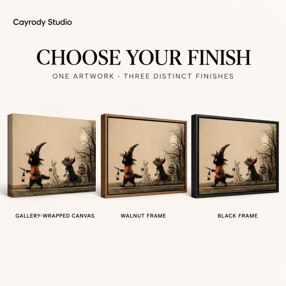 Halloween Parade canvas art comparing gallery wrapped canvas, walnut frame, and black frame finishes.