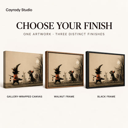 Halloween Parade canvas art comparing gallery wrapped canvas, walnut frame, and black frame finishes.