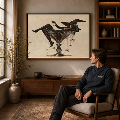 Martini Witch canvas art above a wooden console beside a seated man in a warm room.