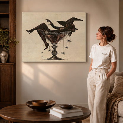 Martini Witch canvas art displayed as gallery wrapped canvas beside a woman in natural light.