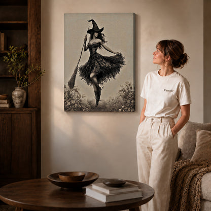 Dancing Witch canvas art displayed as gallery wrapped canvas beside a woman in natural light.