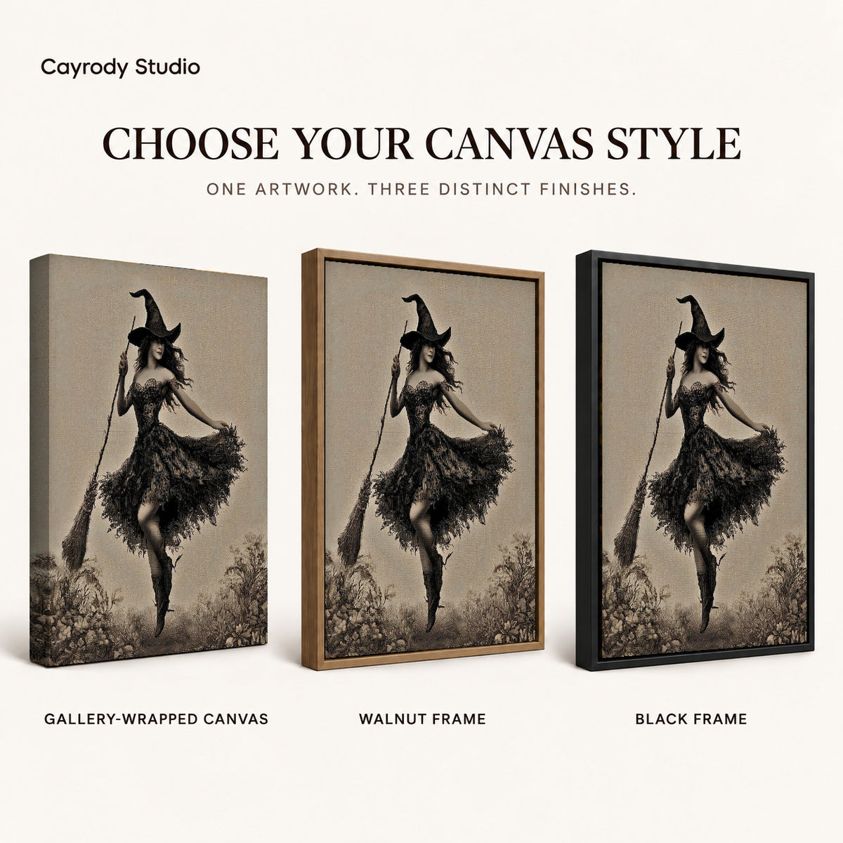 Dancing Witch canvas art comparing gallery wrapped canvas, walnut frame, and black frame finishes.