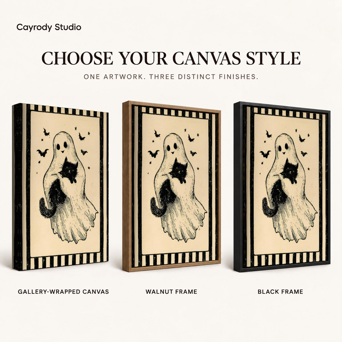 Ghost And Cat canvas art comparing gallery wrapped canvas, walnut frame, and black frame finishes.