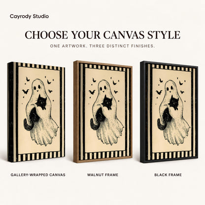 Ghost And Cat canvas art comparing gallery wrapped canvas, walnut frame, and black frame finishes.