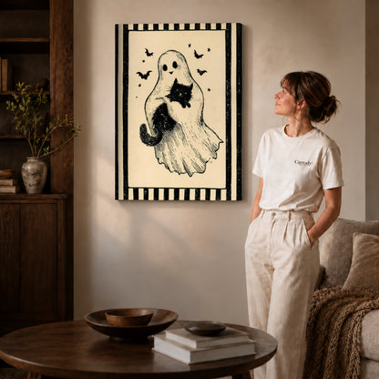 Gallery wrapped ghost and cat canvas art with visible canvas edges beside a standing woman.