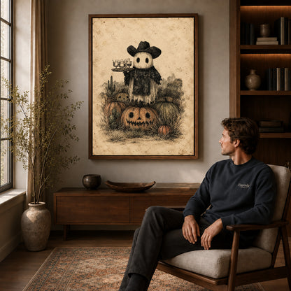 Ghost Cowboy canvas art above a wooden console beside a seated man in a warm room.