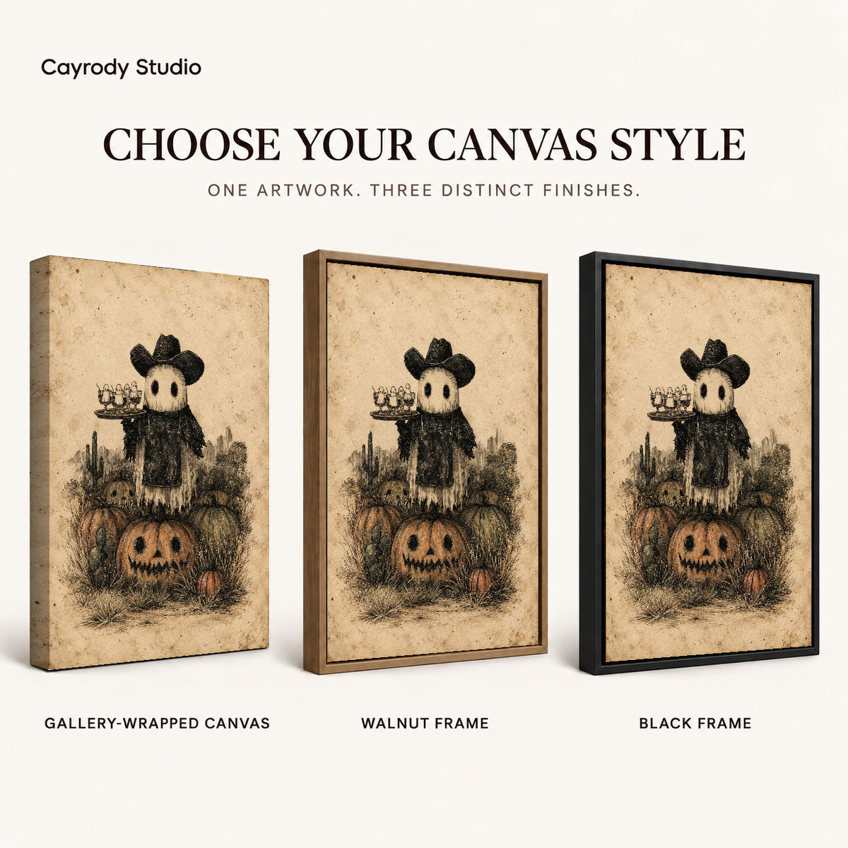 Ghost Cowboy canvas art comparing gallery wrapped canvas, walnut frame, and black frame finishes.