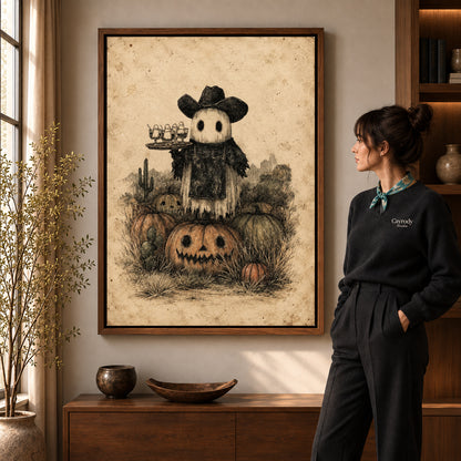 Walnut framed ghost cowboy canvas art shown beside a standing woman and a wooden console.