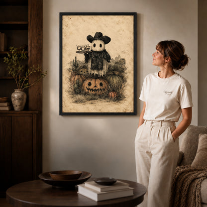 Black framed ghost cowboy canvas art displayed beside a woman in a warm living room.
