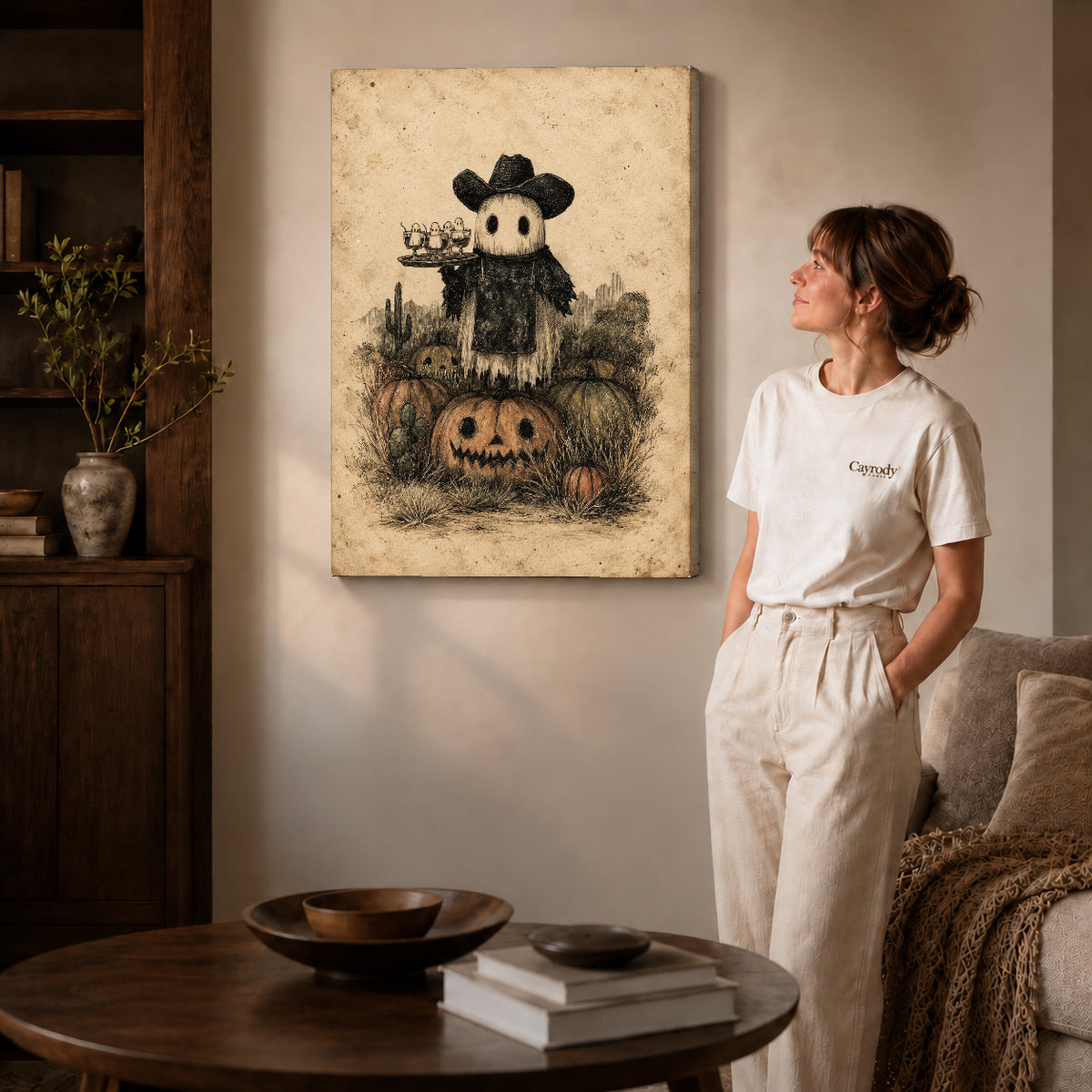 Gallery wrapped ghost cowboy canvas art with visible canvas edges beside a standing woman.
