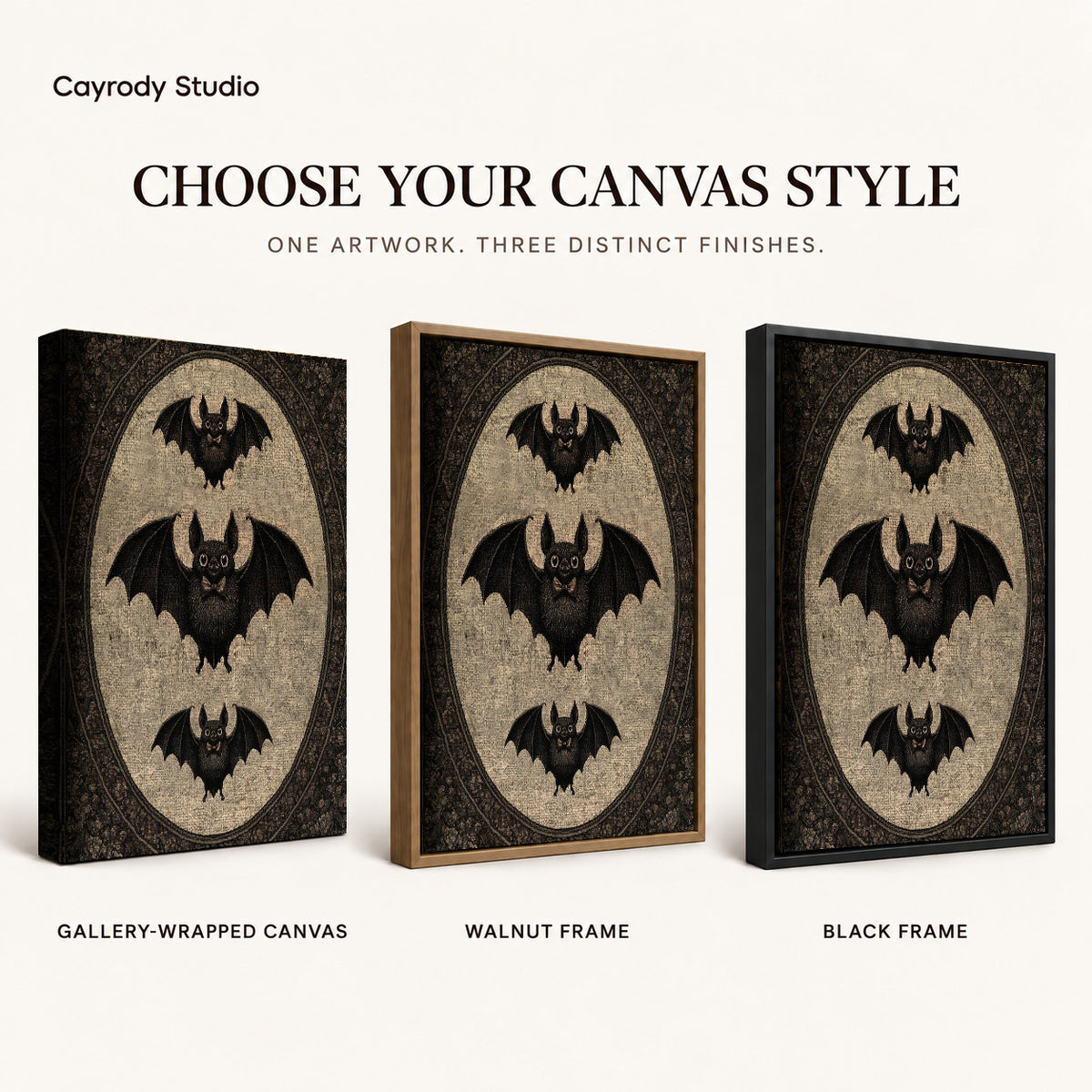 Vintage Bat canvas art comparing gallery wrapped canvas, walnut frame, and black frame finishes.