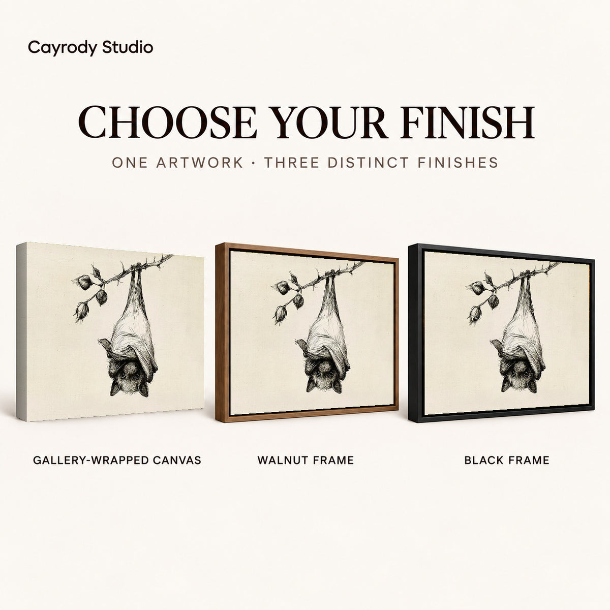 Hanging Bat canvas art comparing gallery wrapped canvas, walnut frame, and black frame finishes.