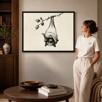 Black framed hanging bat canvas art displayed beside a woman in a warm living room.