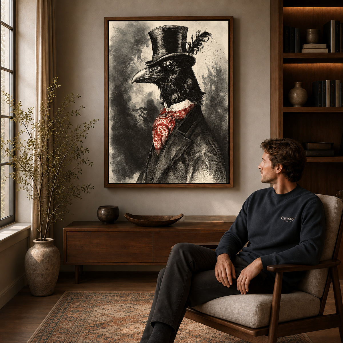 Dapper Raven canvas art above a wooden console beside a seated man in a warm room.