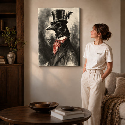 Dapper Raven canvas art displayed as gallery wrapped canvas beside a woman in natural light.