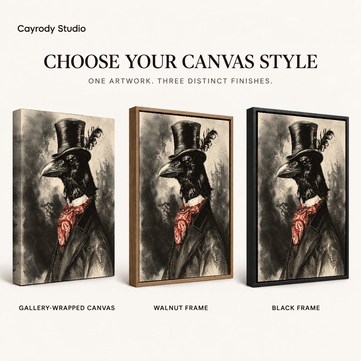Dapper Raven canvas art comparing gallery wrapped canvas, walnut frame, and black frame finishes.