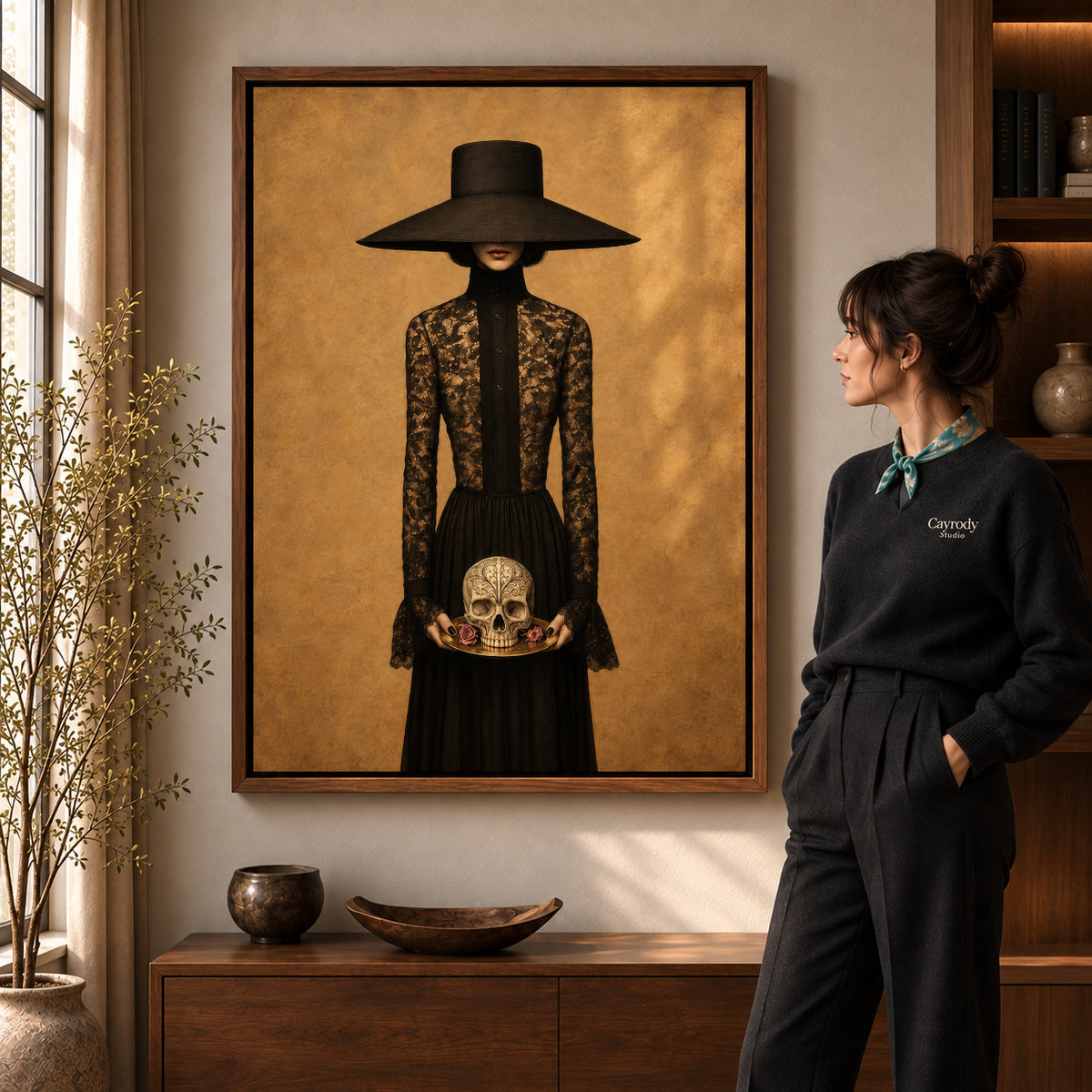 Gothic Lady canvas art in a walnut frame beside a standing woman and wooden console.