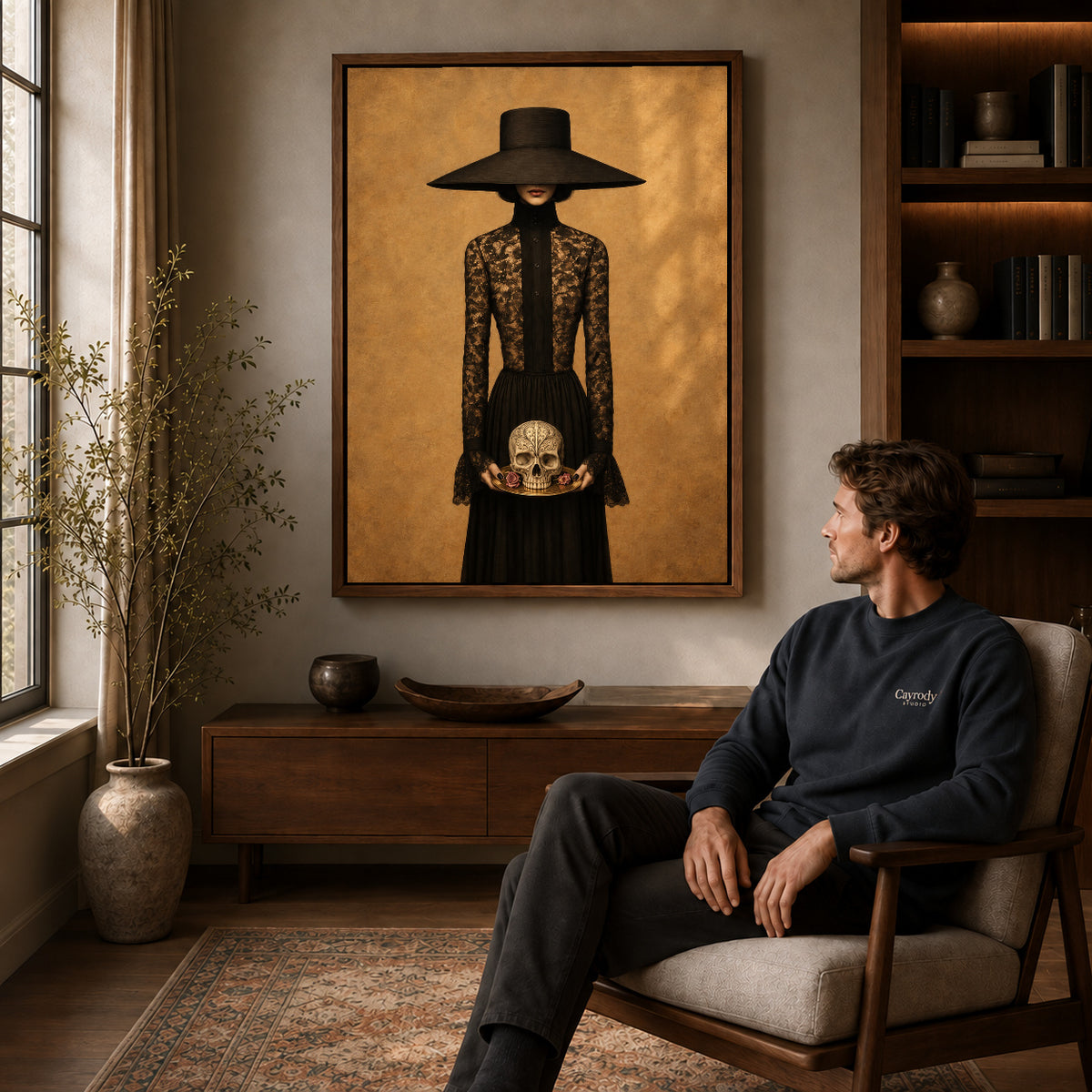 Gothic Lady canvas art above a wooden console beside a seated man in a warm room.
