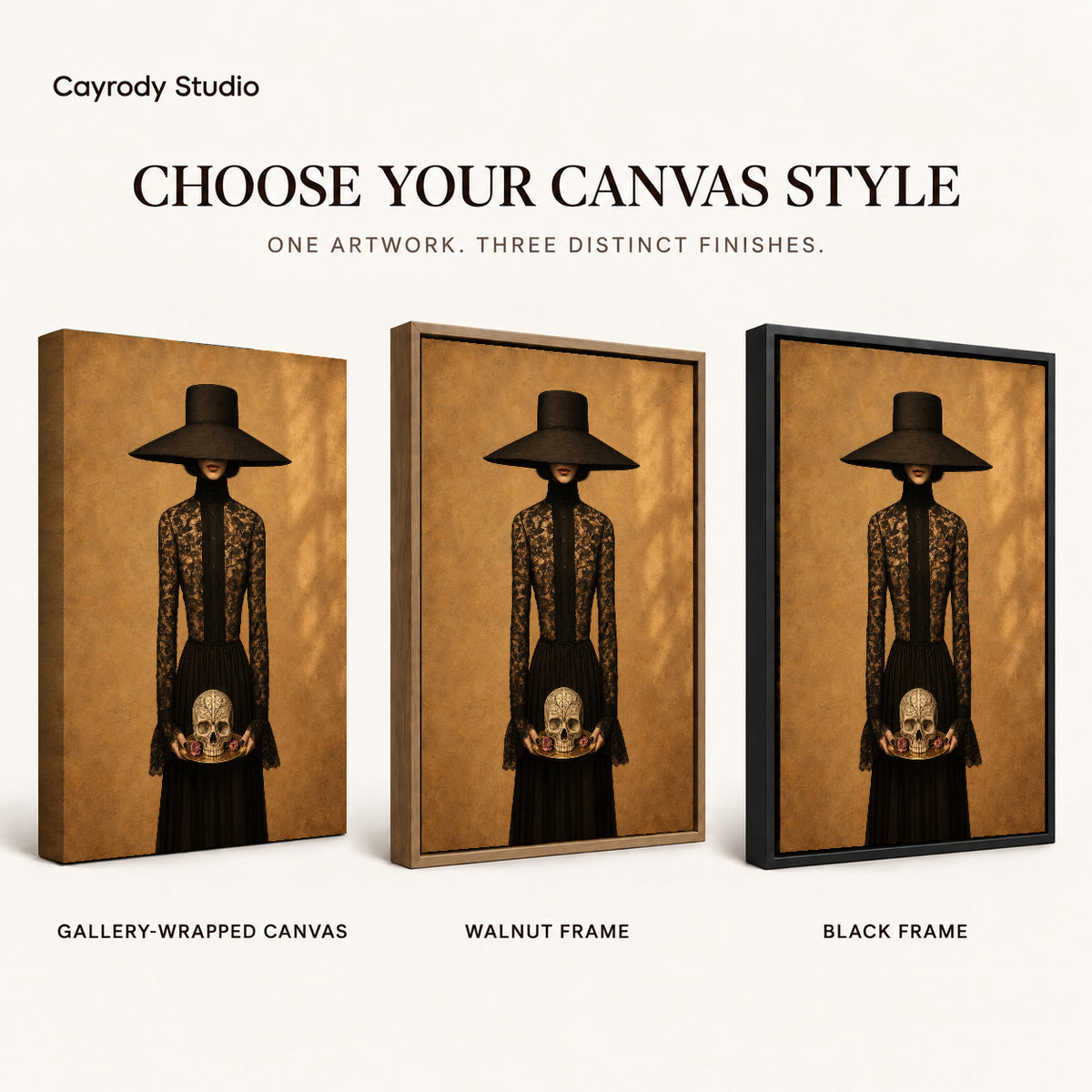 Gothic Lady canvas art comparing gallery wrapped canvas, walnut frame, and black frame finishes.