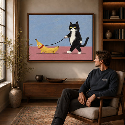 Banana Walk canvas art above a wooden console beside a seated man in a warm room.