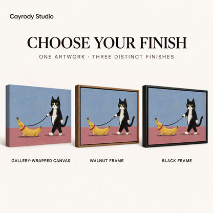 Banana Walk canvas art comparing gallery wrapped canvas, walnut frame, and black frame finishes.