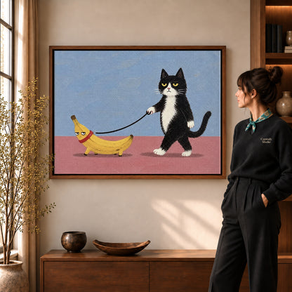 Walnut framed banana walk canvas art shown beside a standing woman and a wooden console.