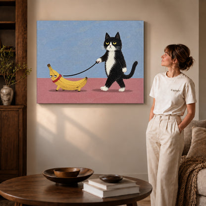 Gallery wrapped banana walk canvas art with visible canvas edges beside a standing woman.