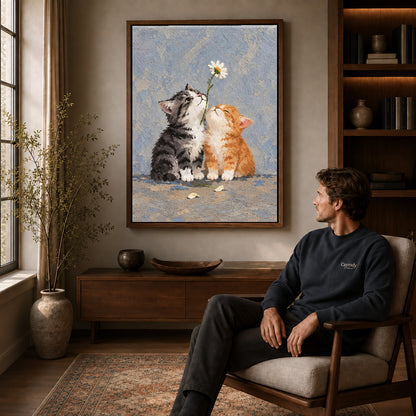 Daisy Kittens canvas art above a wooden console beside a seated man in a warm room.