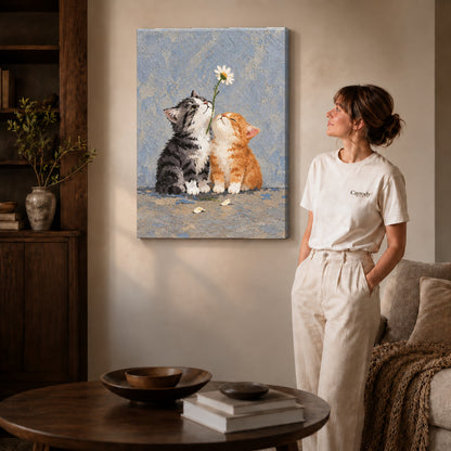 Daisy Kittens canvas art displayed as gallery wrapped canvas beside a woman in natural light.