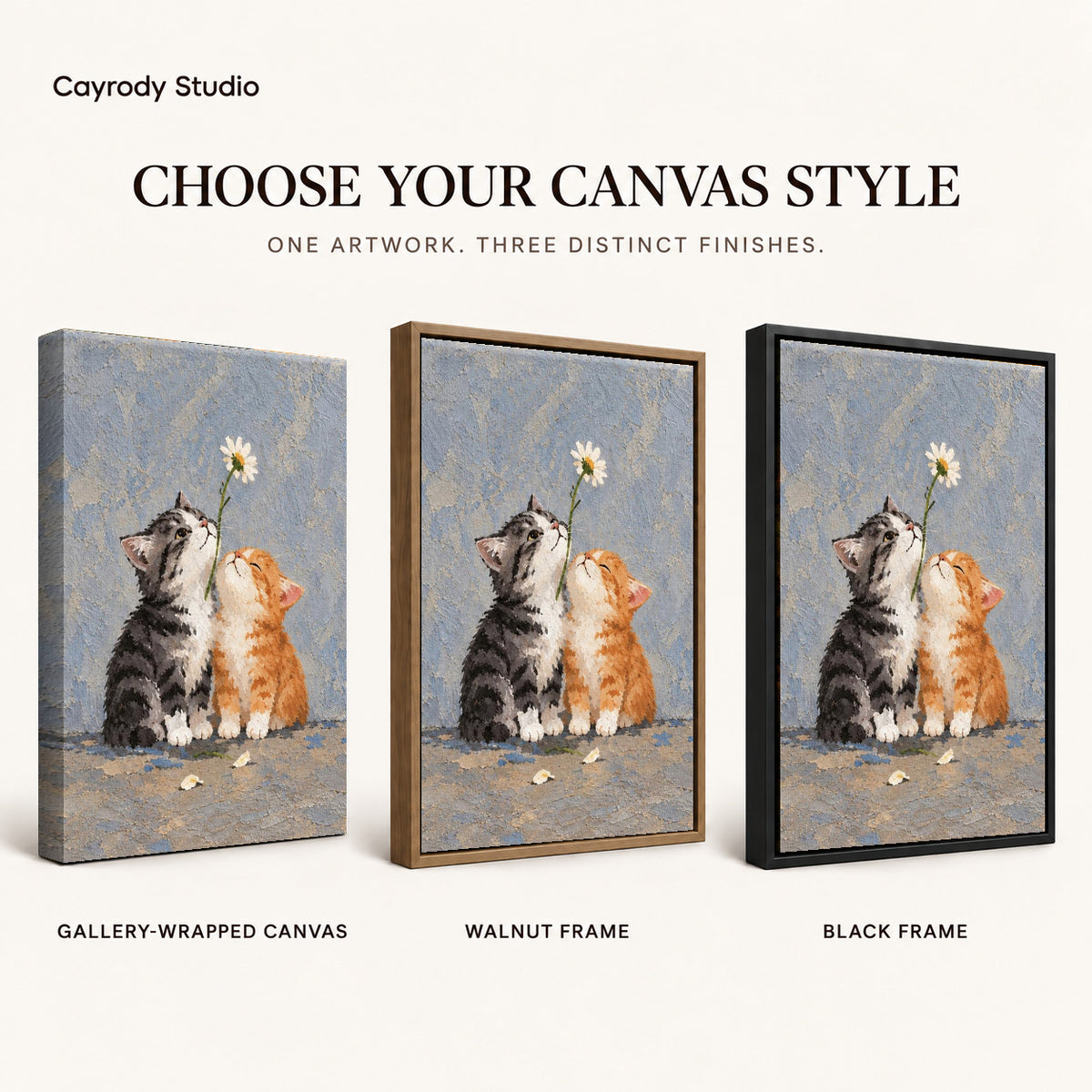 Daisy Kittens canvas art comparing gallery wrapped canvas, walnut frame, and black frame finishes.