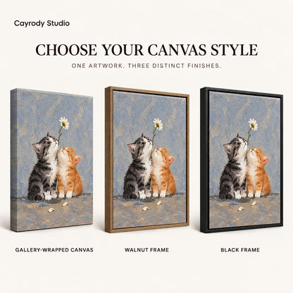 Daisy Kittens canvas art comparing gallery wrapped canvas, walnut frame, and black frame finishes.