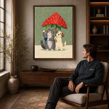 Strawberry Umbrella canvas art above a wooden console beside a seated man in a warm room.
