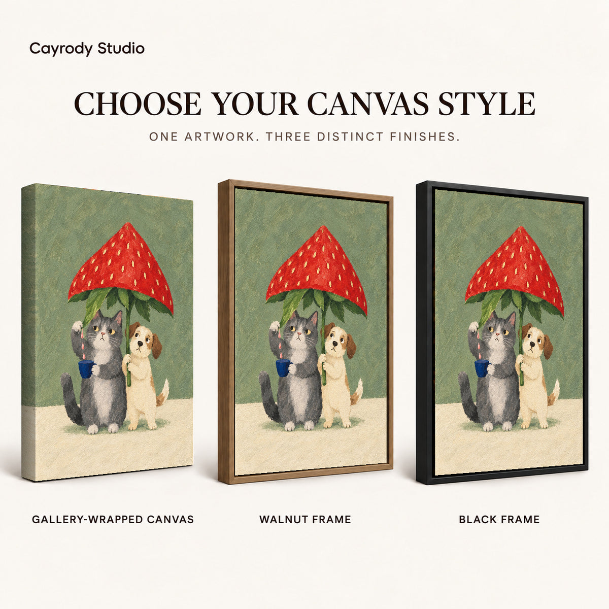 Strawberry Umbrella canvas art comparing gallery wrapped canvas, walnut frame, and black frame finishes.