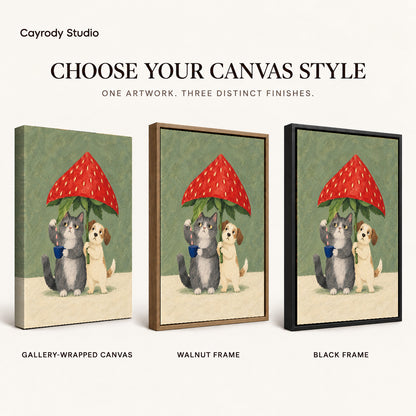Strawberry Umbrella canvas art comparing gallery wrapped canvas, walnut frame, and black frame finishes.